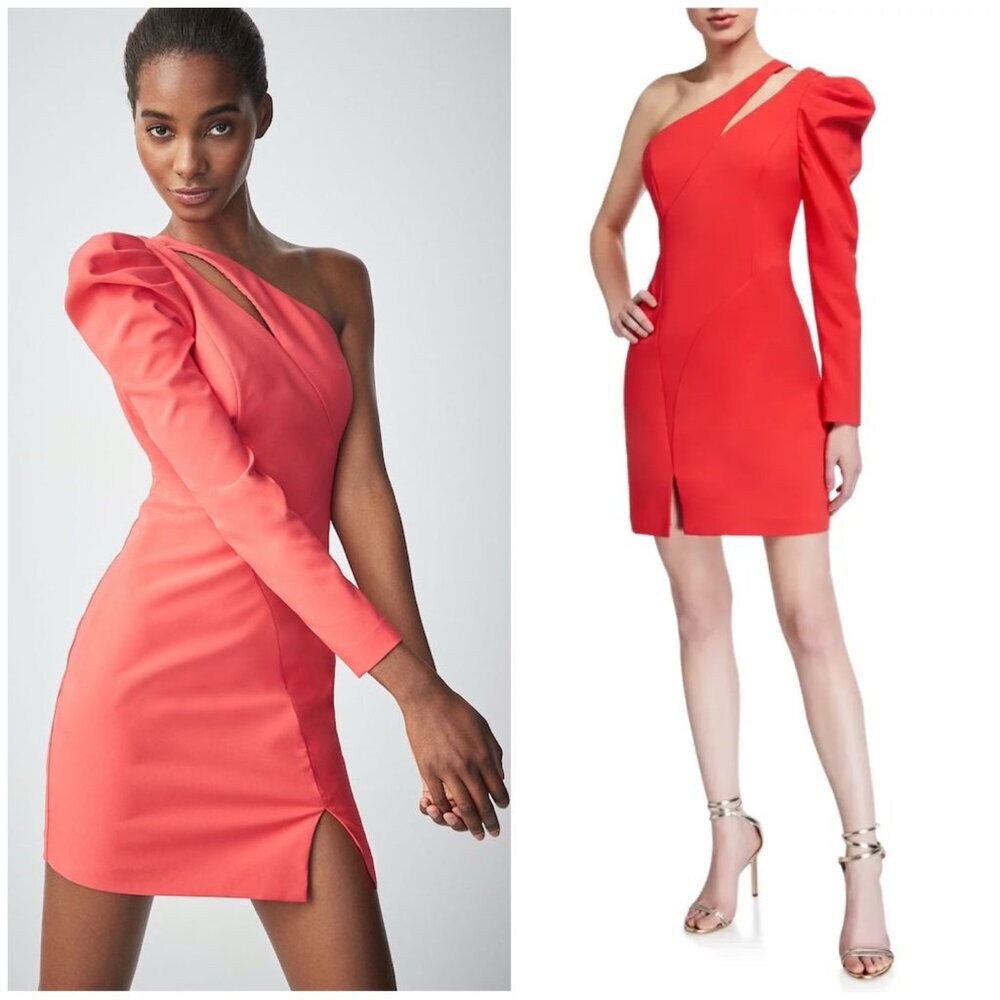 🌟NWT Aidan Mattox One Shoulder Single Balloon Sleeve Crepe Dress Hot Tomato